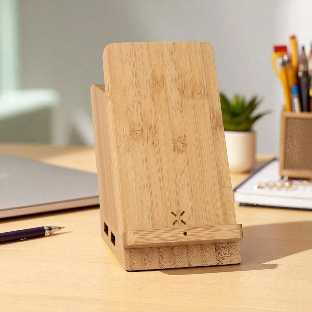 ED300- Wangari Maple 15W Wireless Charger & USB Hub With Pen Stand