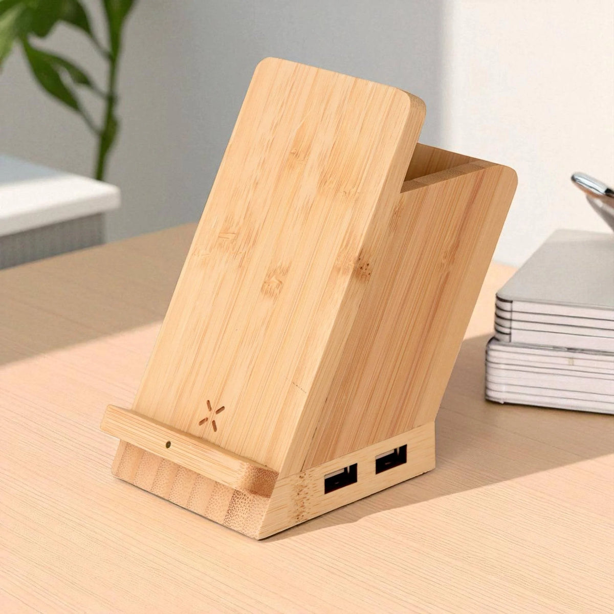 ED300- Wangari Maple 15W Wireless Charger & USB Hub With Pen Stand