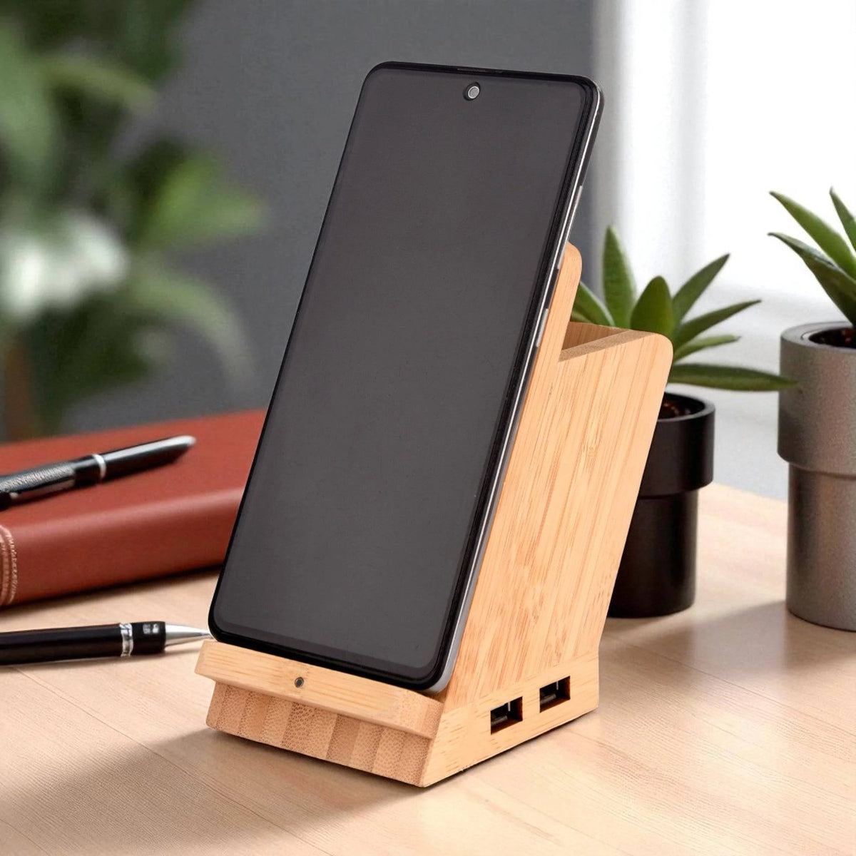 ED300- Wangari Maple 15W Wireless Charger & USB Hub With Pen Stand