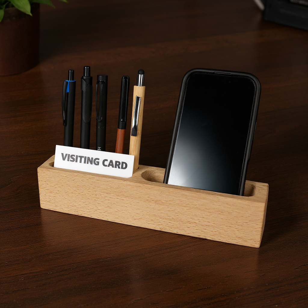 OE118 - 3-in-1 Wooden Desk Organizer – Mobile, Pen & Visiting Card Holder - Image 3