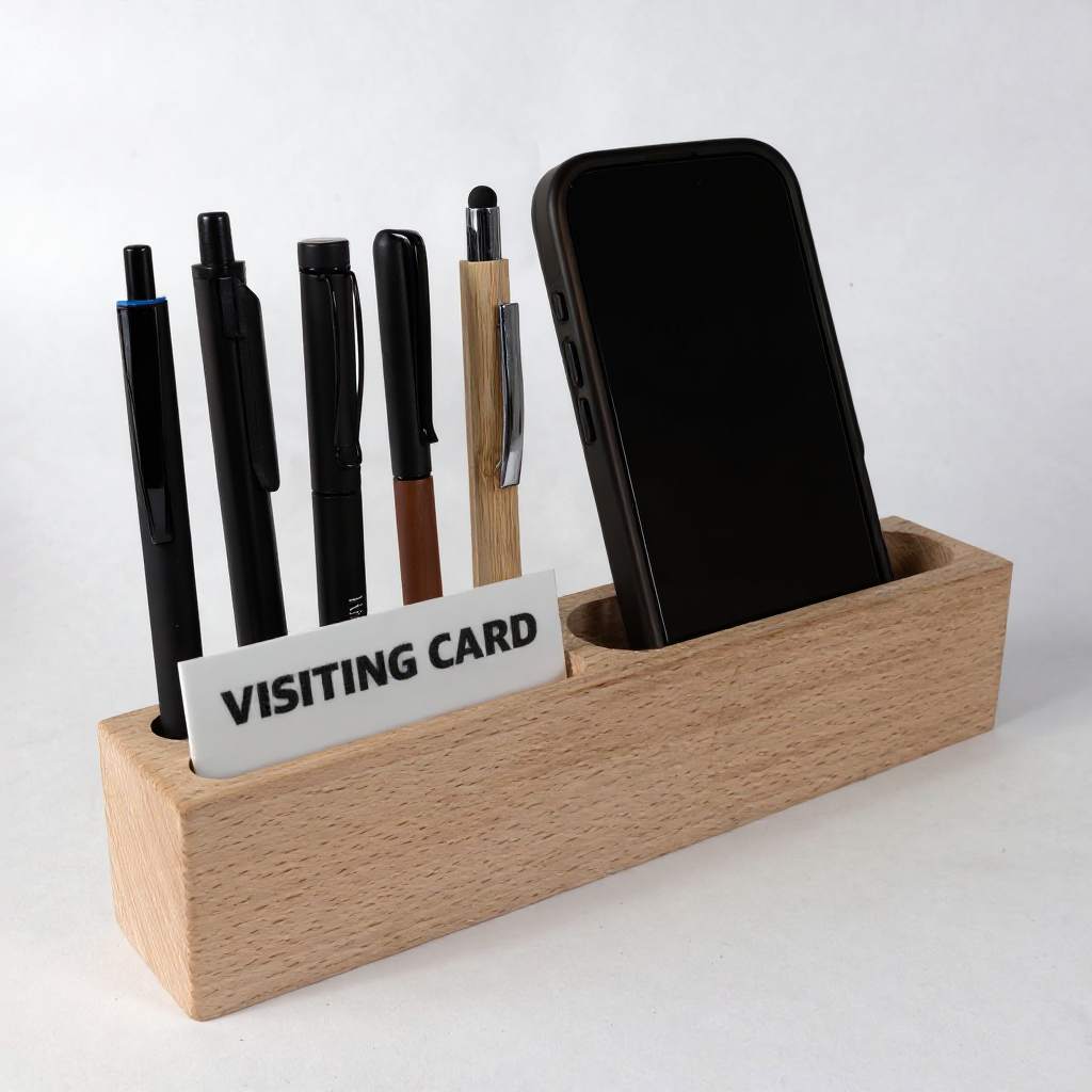 OE118 - 3-in-1 Wooden Desk Organizer – Mobile, Pen & Visiting Card Holder - Image 2