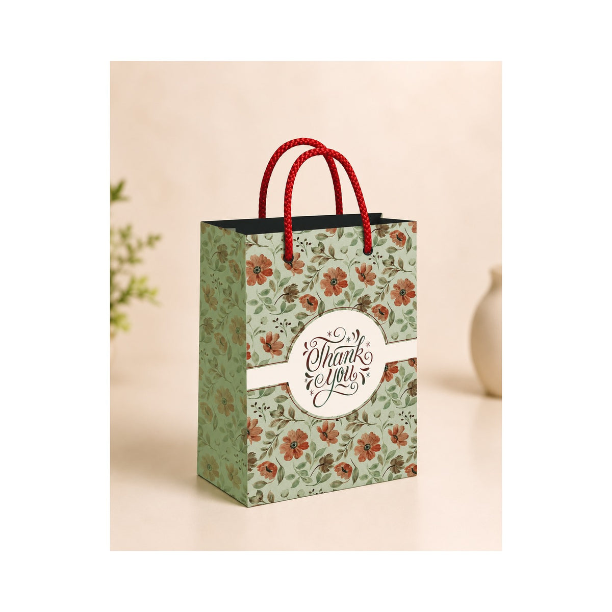 PB35- Vintage Sage Floral Medium Paper Bag