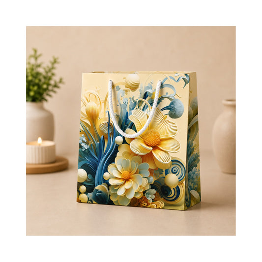 PB41- Blue and Gold Floral Art Medium Paper Bag