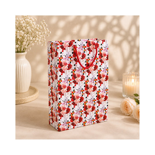 PB50- Red Floral Confetti Medium Paper Bag
