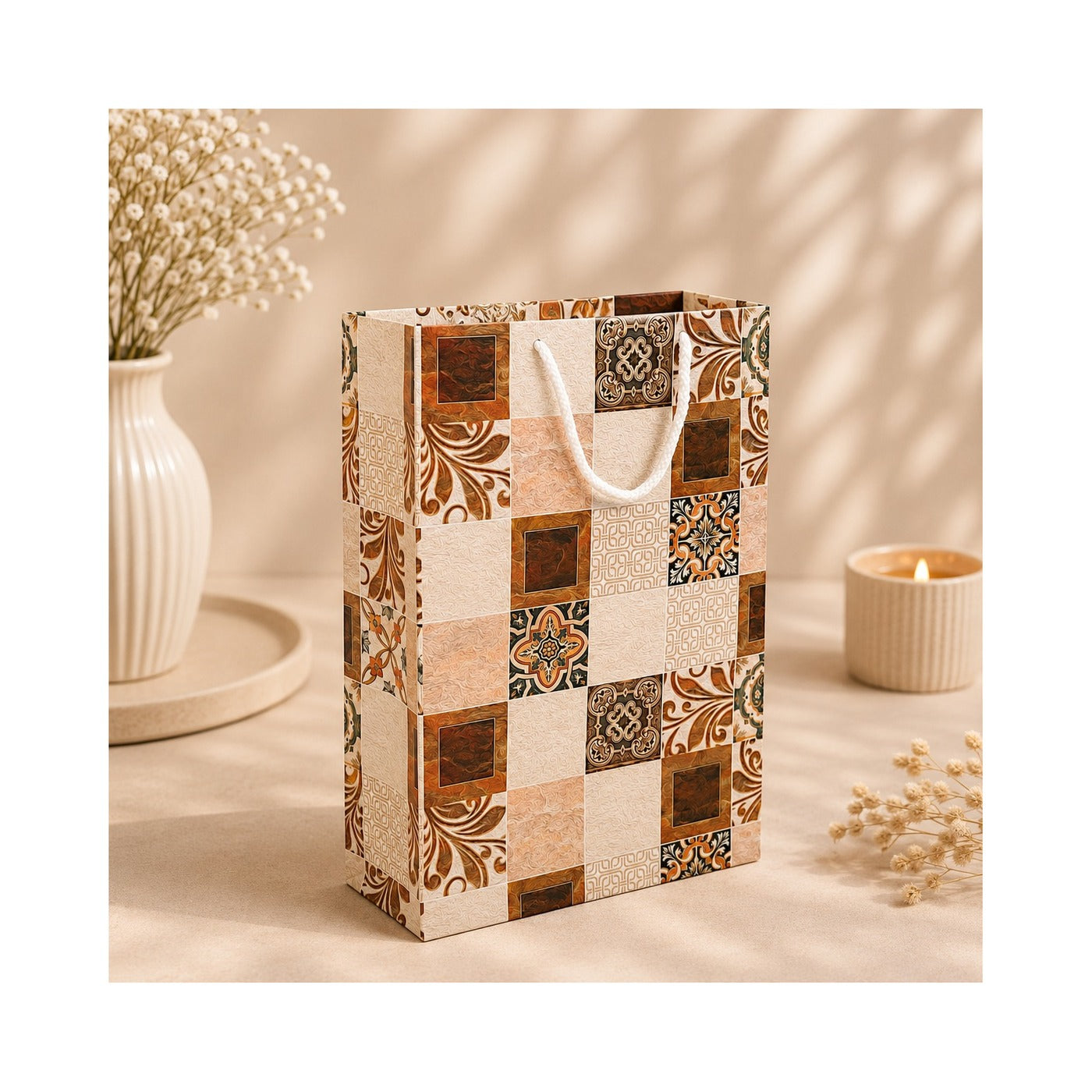 PB51- Gold and Brown Patchwork Medium Paper Bag
