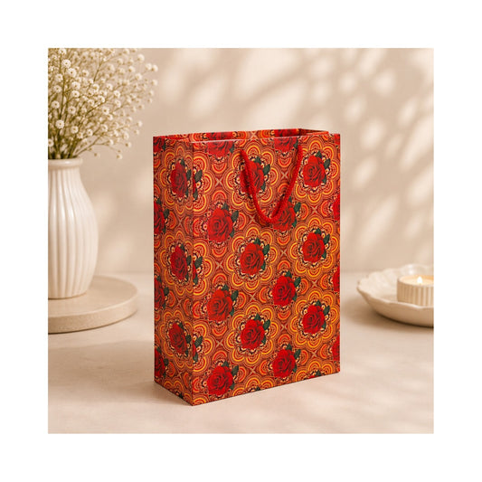 PB52- Red Ornamental Paisley Medium Paper Bag