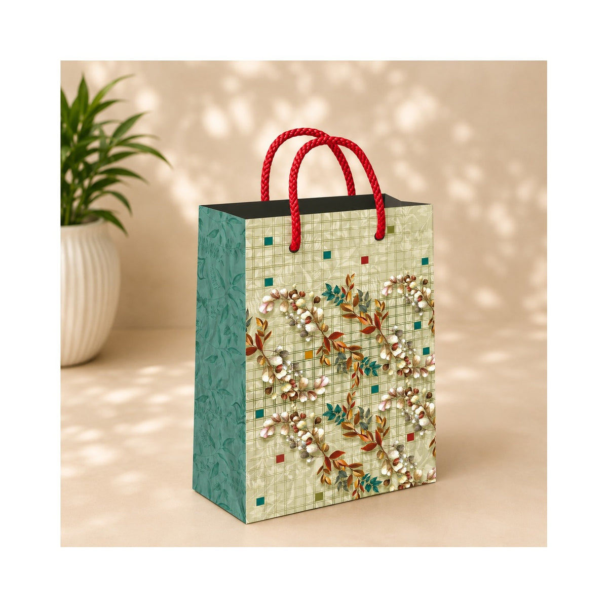 PB59- Mint Vintage Floral Medium Paper Bag