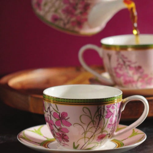 CD221-Pure Home & Living-Set of 2 Red & Green Rosabay Print Tea Cups & Saucers