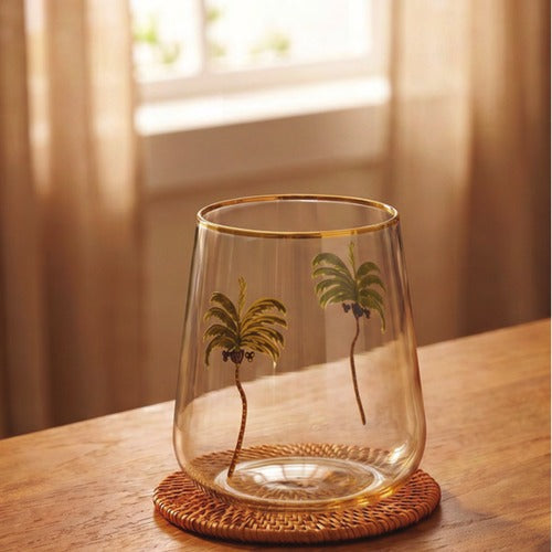 CD226-Pure Home & Living-Green Palm Print Gold Rim and Amber Base Glass