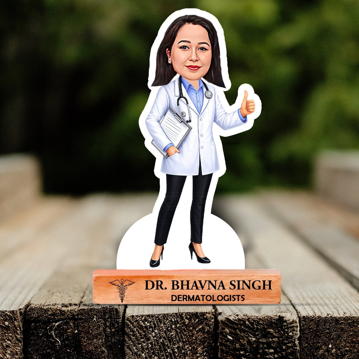 OE136 - Personalised Doctor Caricature Standee with Custom Name Wooden Base - Image 2