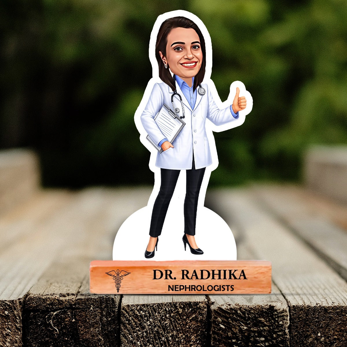 OE136 - Personalised Doctor Caricature Standee with Custom Name Wooden Base - Image 4
