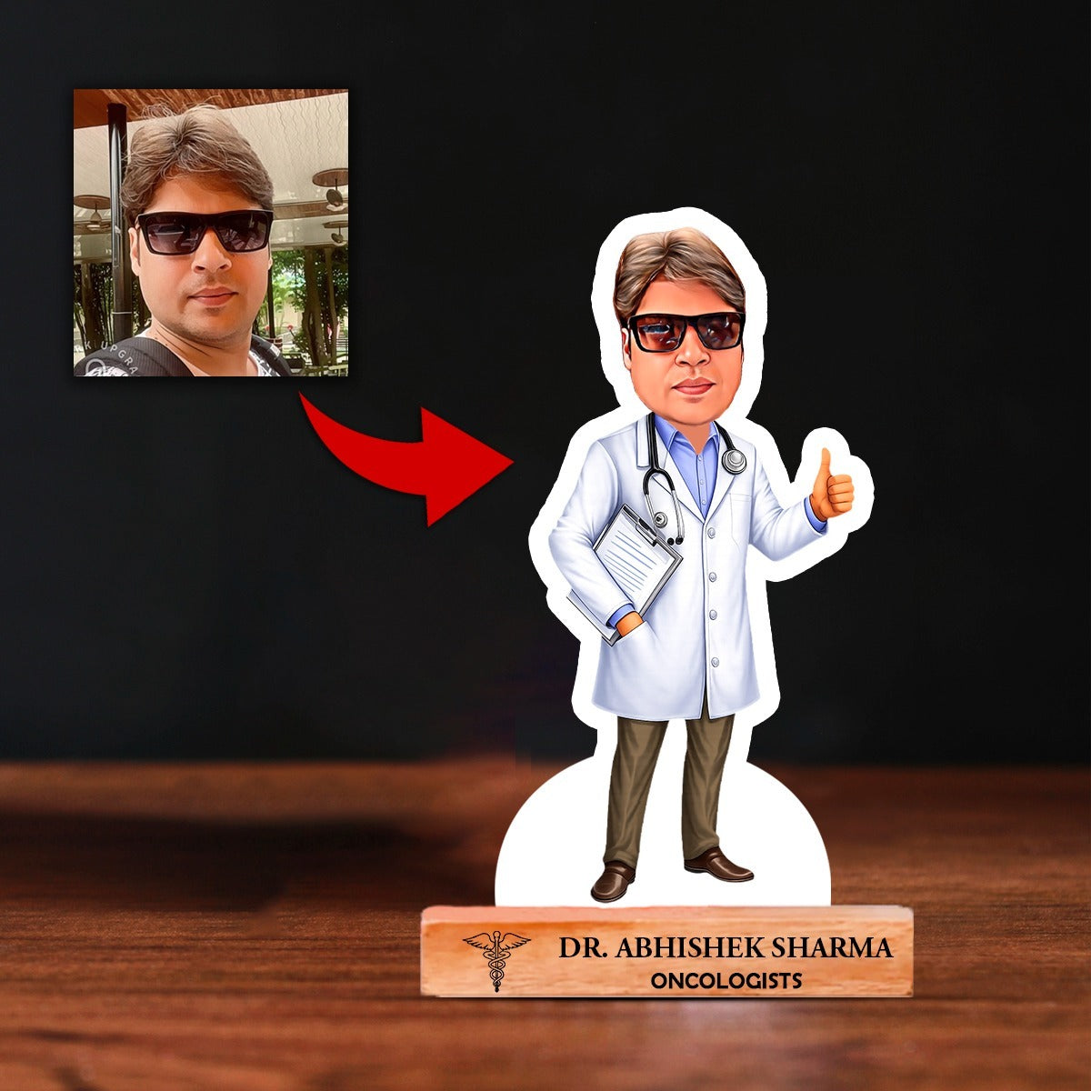 OE136 - Personalised Doctor Caricature Standee with Custom Name Wooden Base - Image 3