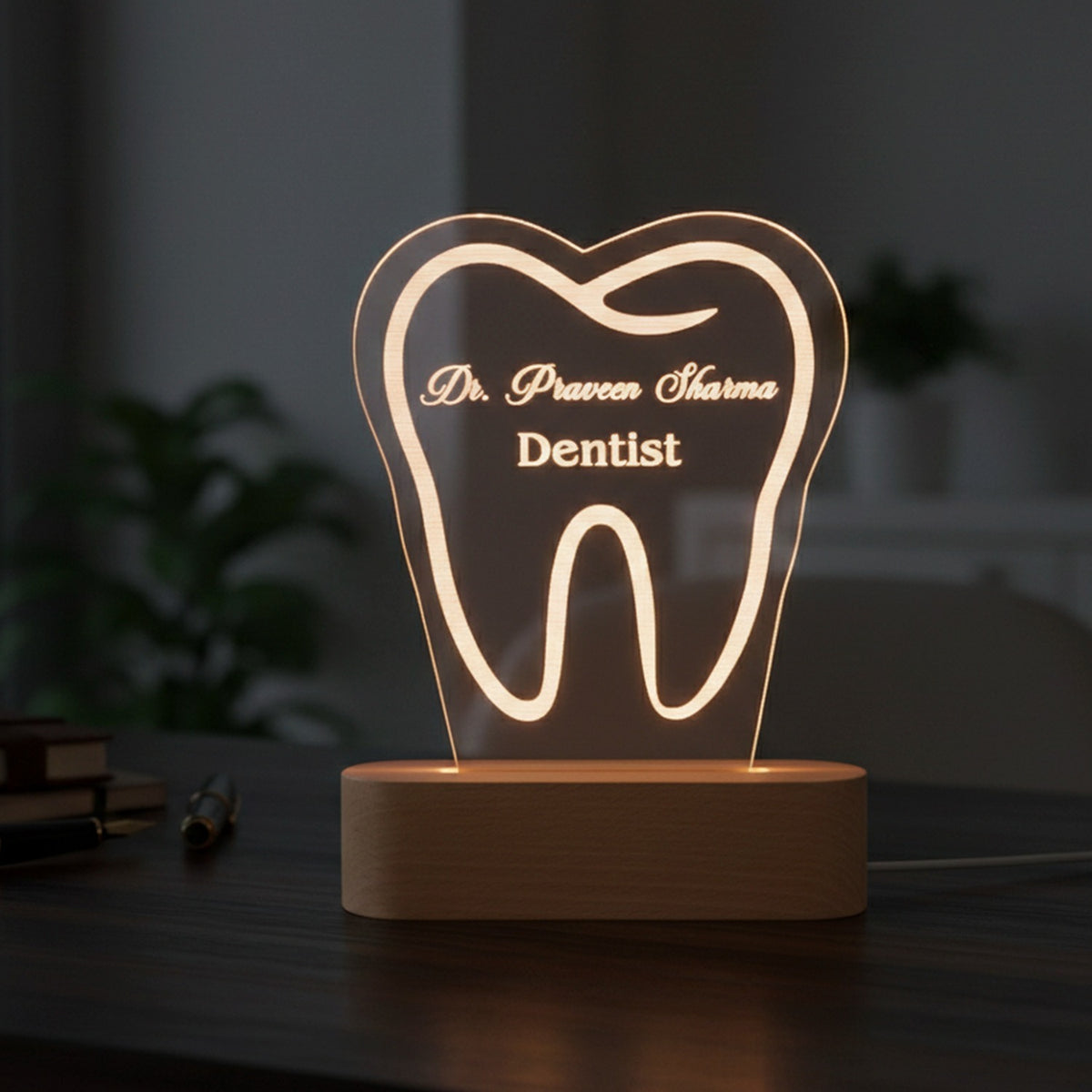 ED131 - Personalized Dentist Acrylic LED Desk Lamp with Wooden Base
