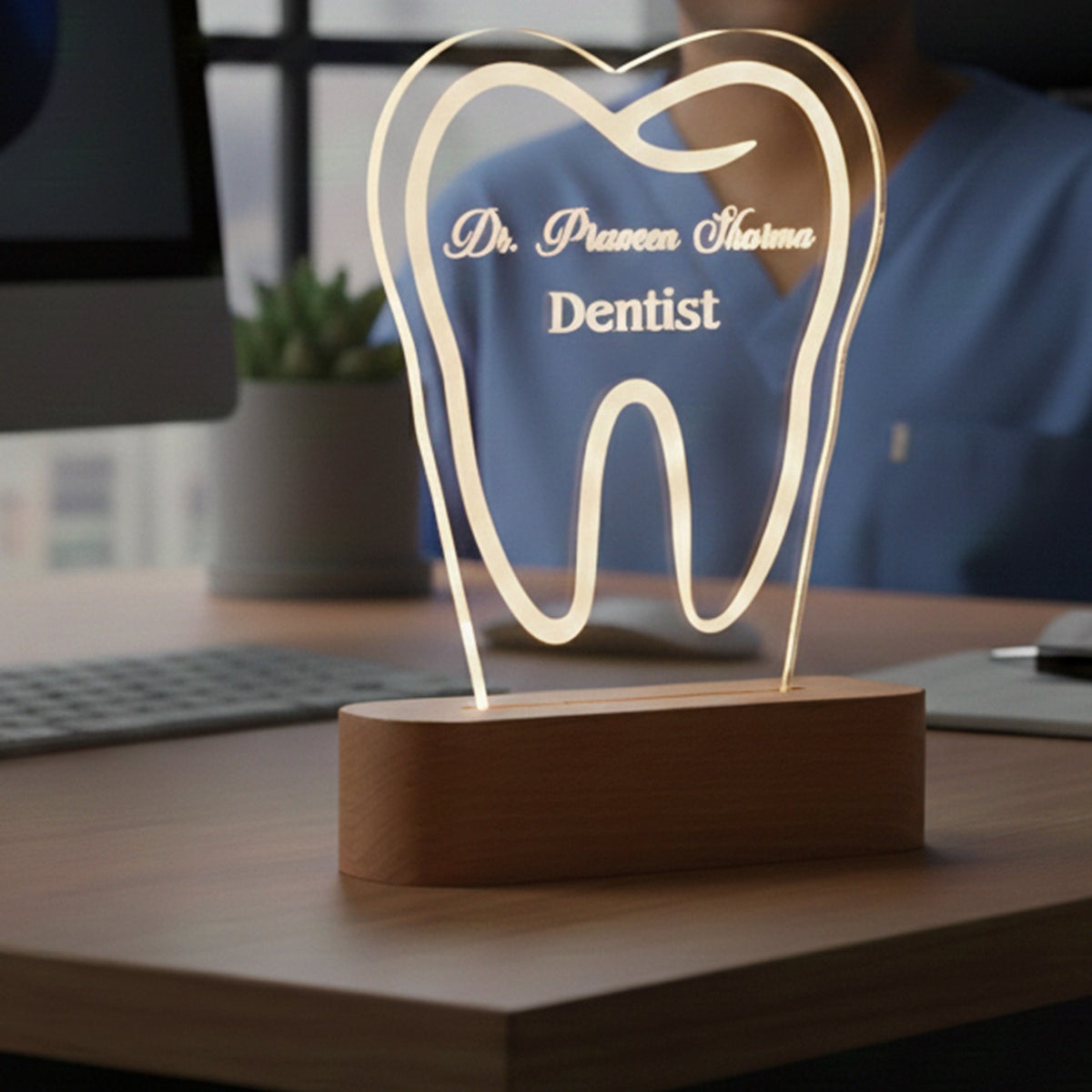 ED131 - Personalized Dentist Acrylic LED Desk Lamp with Wooden Base - Image 2