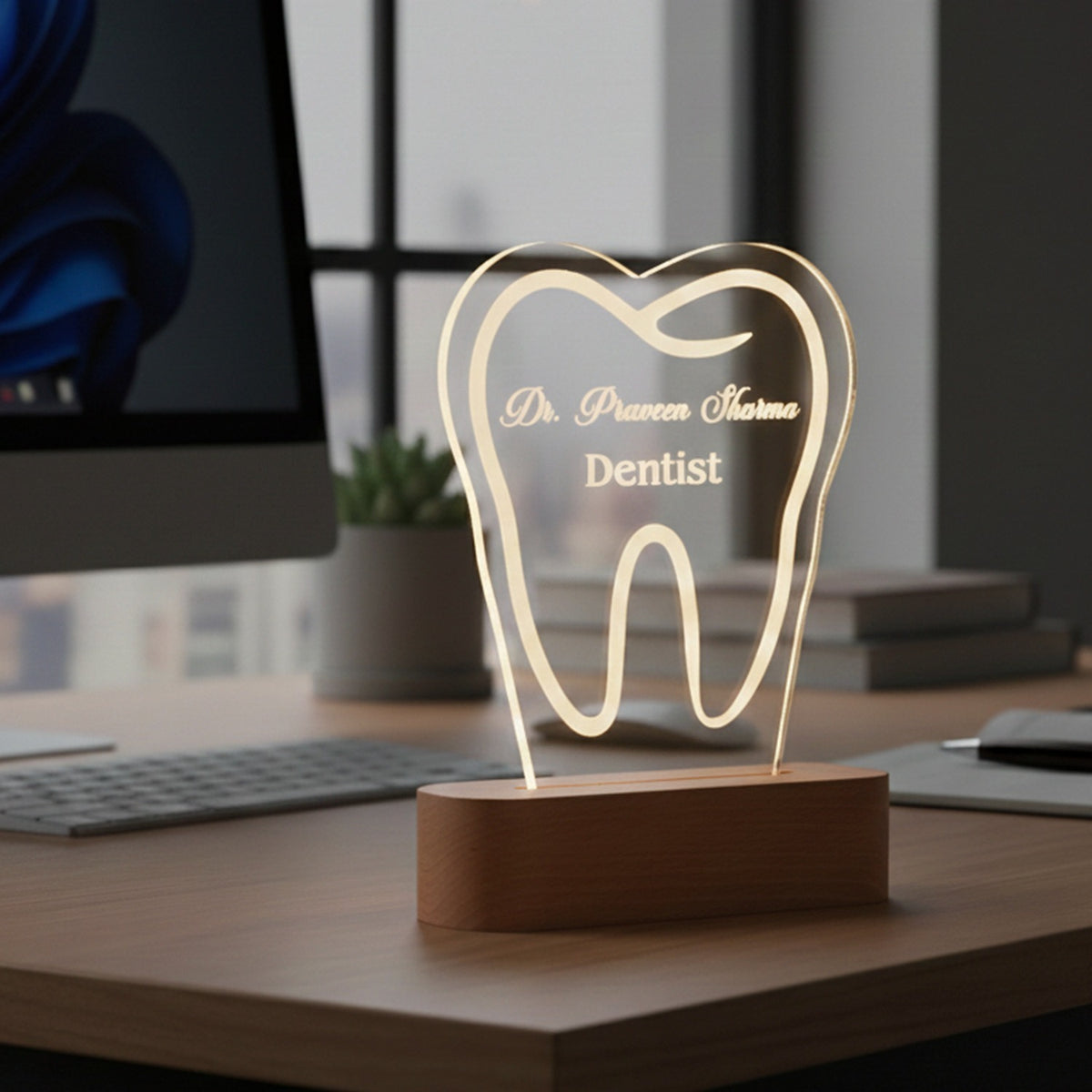 ED131 - Personalized Dentist Acrylic LED Desk Lamp with Wooden Base - Image 3