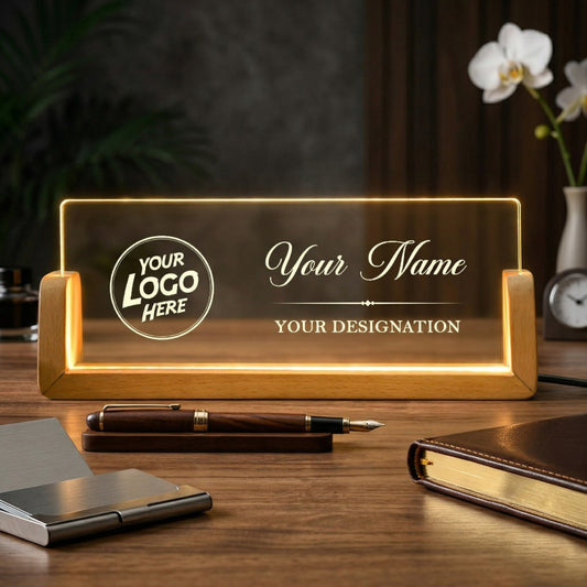 OE114 - Personalised Illuminated Desk Name Plate with Wooden Base