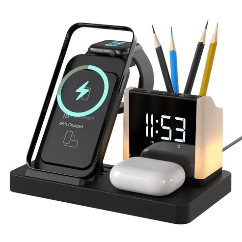 ED38- Portronics Hexacharge  6‑IN‑1 15W Fast Wireless Charging Station with Digital Alarm Clock