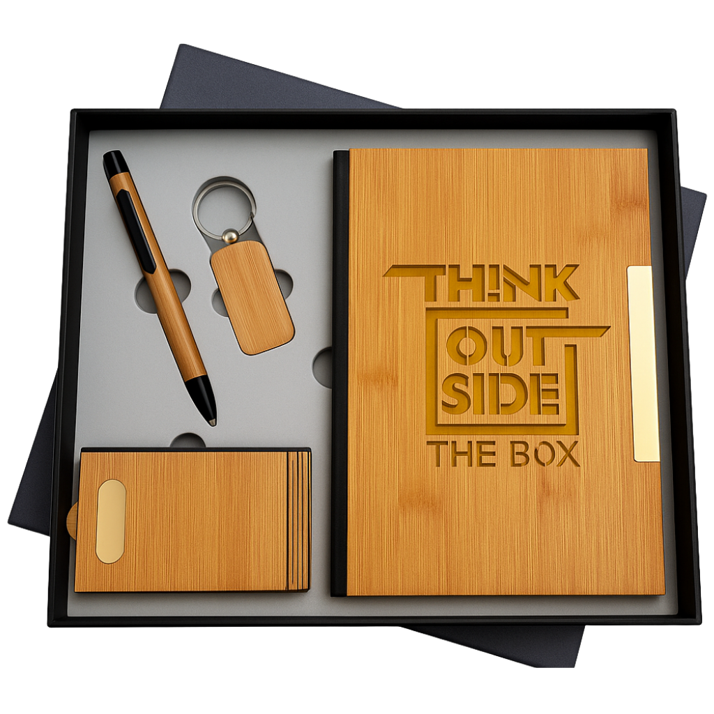 EJK133- Bamboo 4-IN-1 Gift Set | Notebook | Pen | Keychain | Card Holder