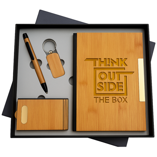 EJK133- Bamboo 4-IN-1 Gift Set | Notebook | Pen | Keychain | Card Holder