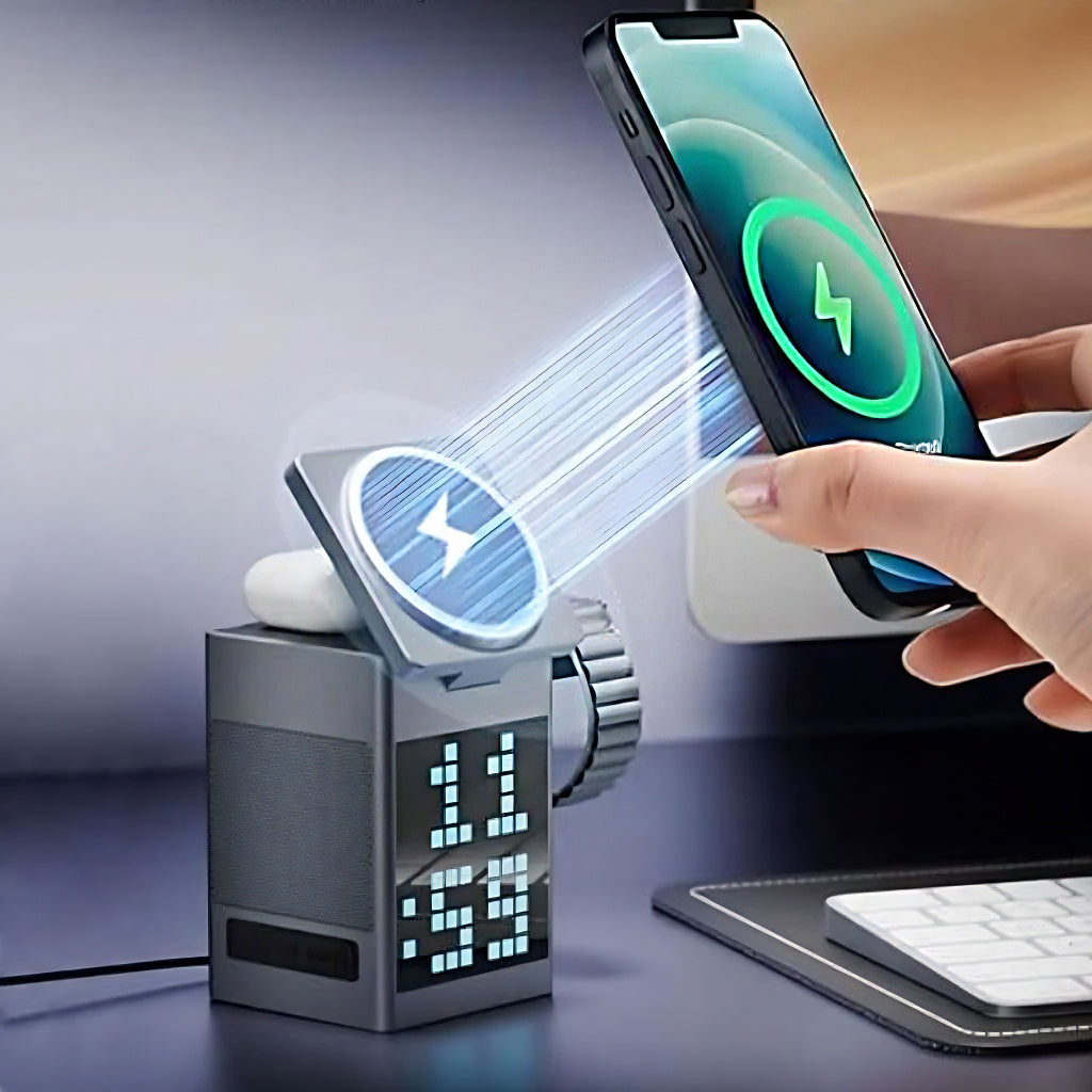 OG05- Pixel Dock 5-IN-1 Wireless Charger with Speaker and Clock