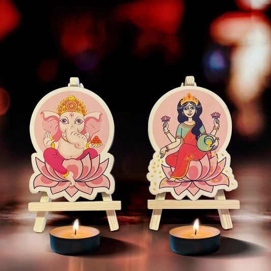 OE122 - Wooden Ganesh Laxmi idols with stand | Diwali Gifting