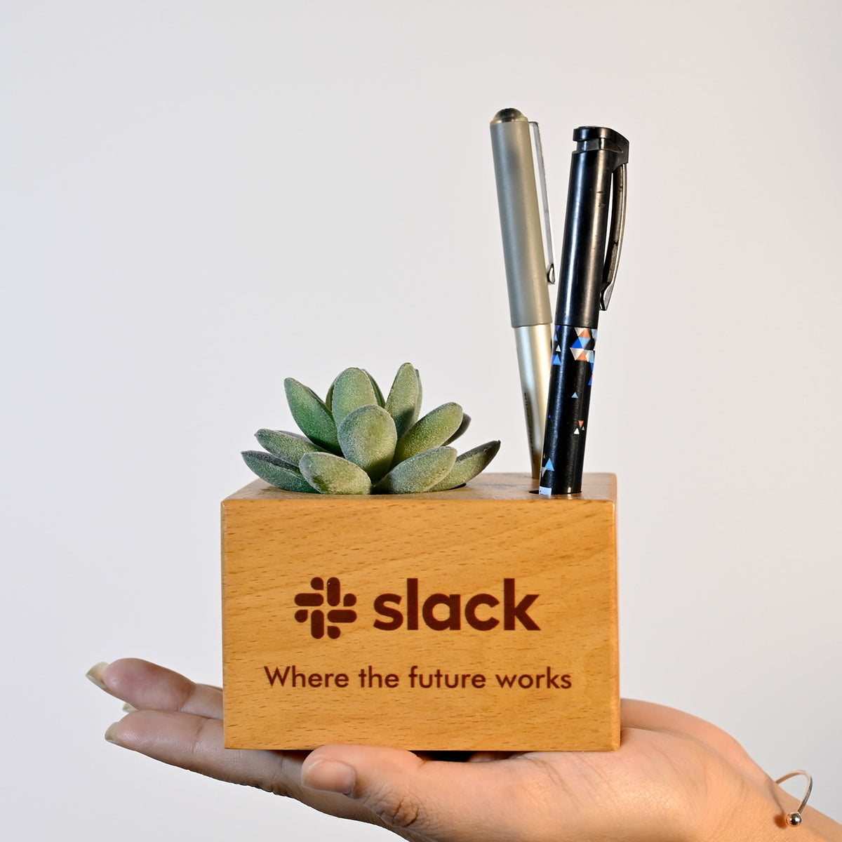 OE125 - Personalised Beechwood Tabletop Gift with Pen & Plant Holder - Image 2