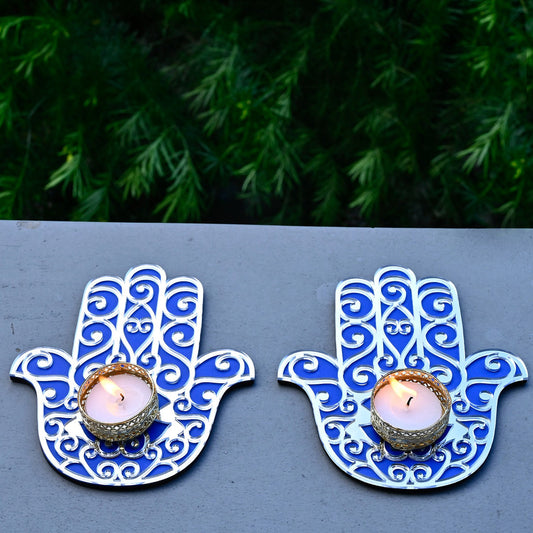 OE123 - Hamsa Hand Wooden with T-lights Set of 2 | Diwali Gifting