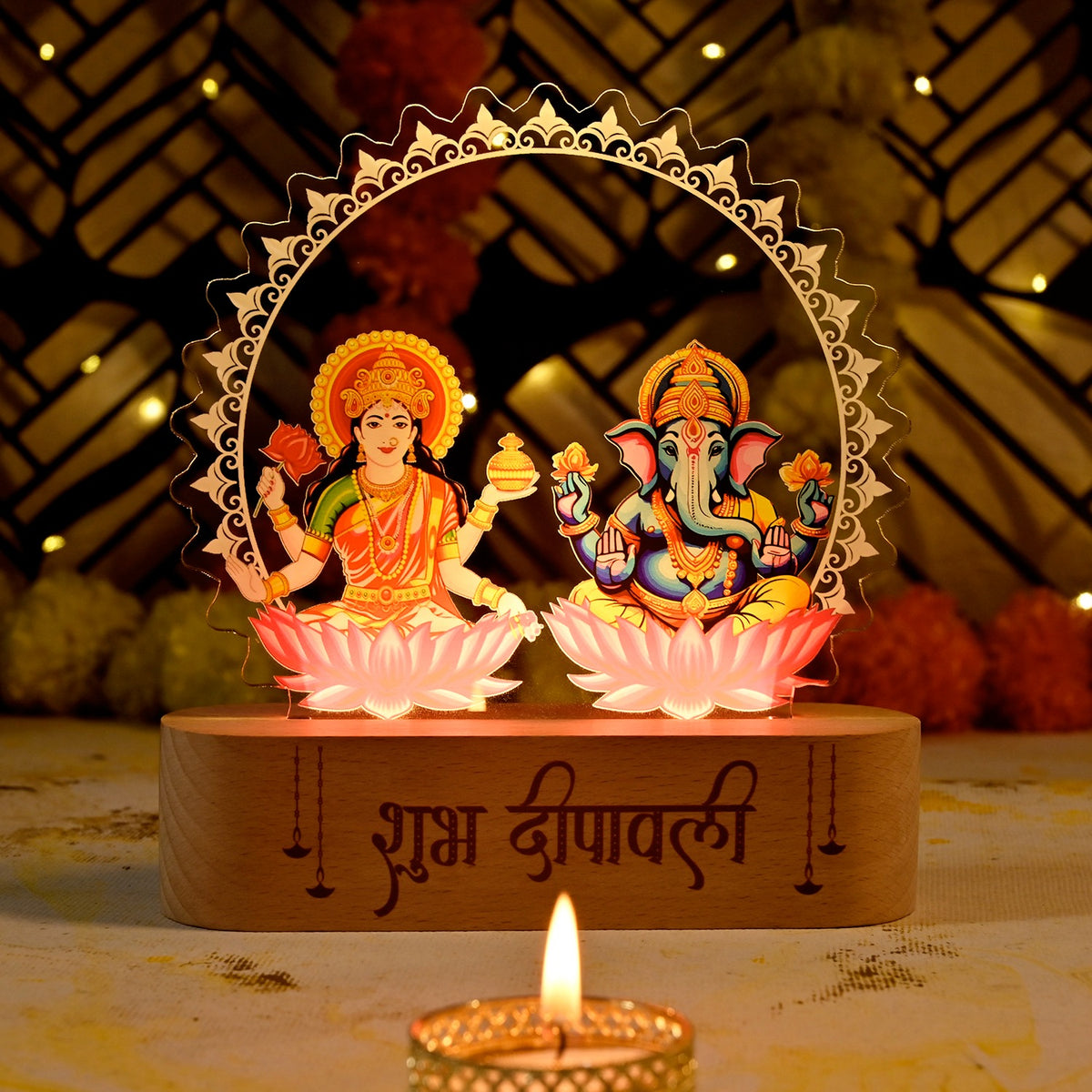ED130 - Laxmi Ganesh Acrylic Rechargeable LED Lamp with Wooden Base | Diwali Gifting - Image 2