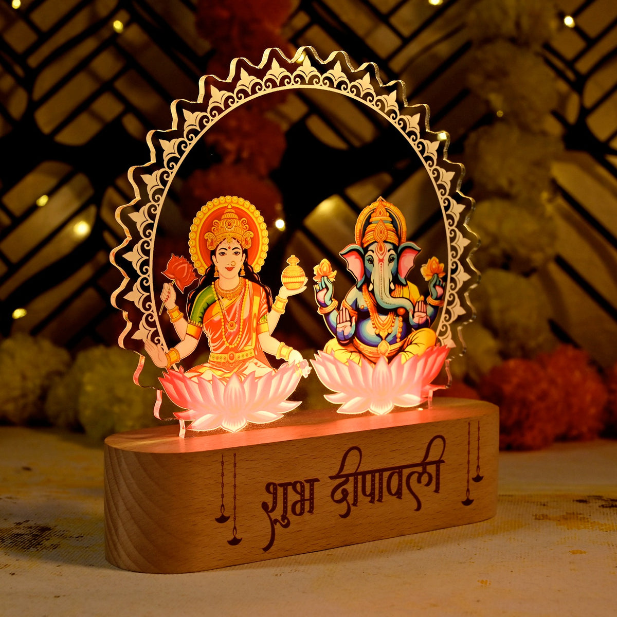 ED130 - Laxmi Ganesh Acrylic Rechargeable LED Lamp with Wooden Base | Diwali Gifting - Image 3