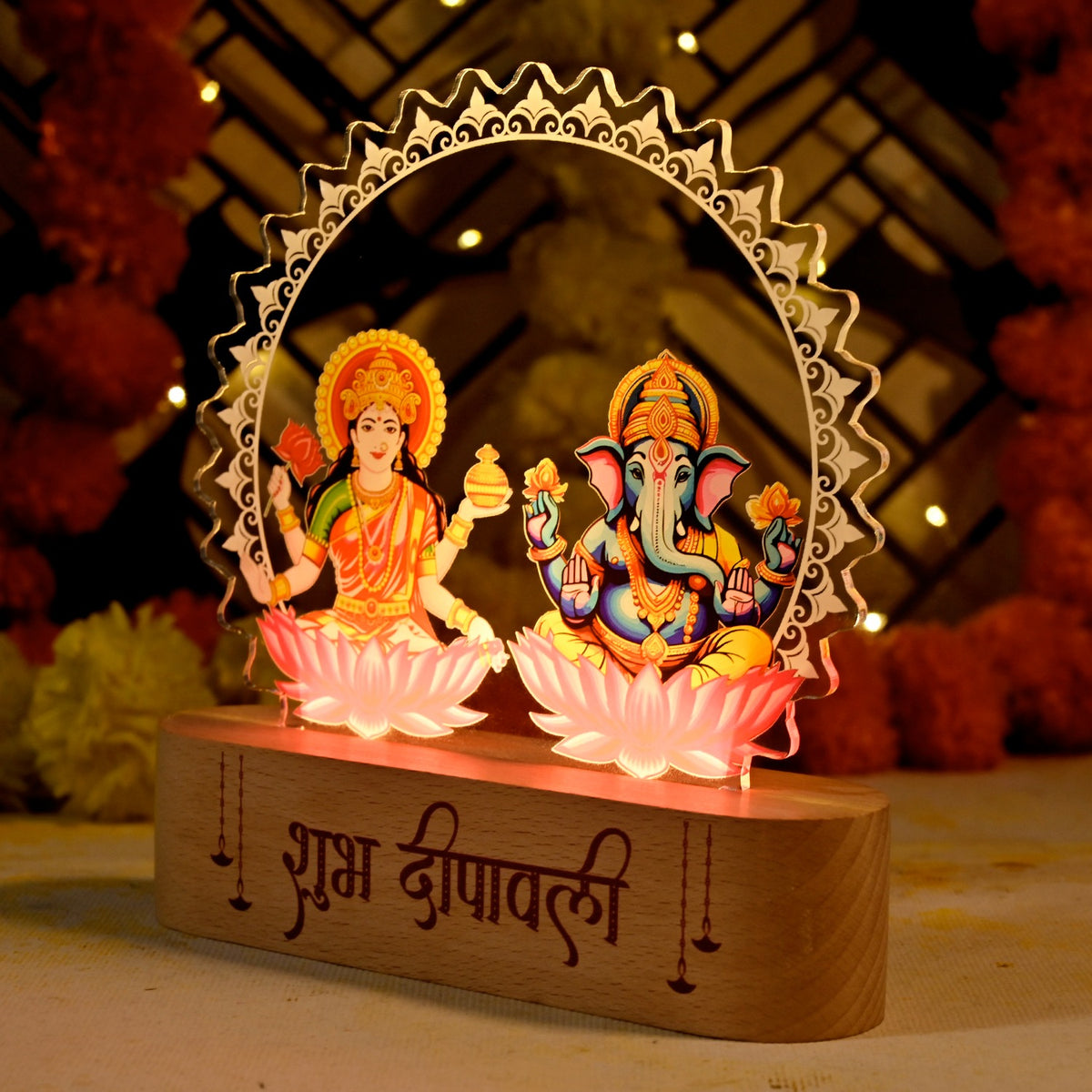 ED130 - Laxmi Ganesh Acrylic Rechargeable LED Lamp with Wooden Base | Diwali Gifting - Image 4