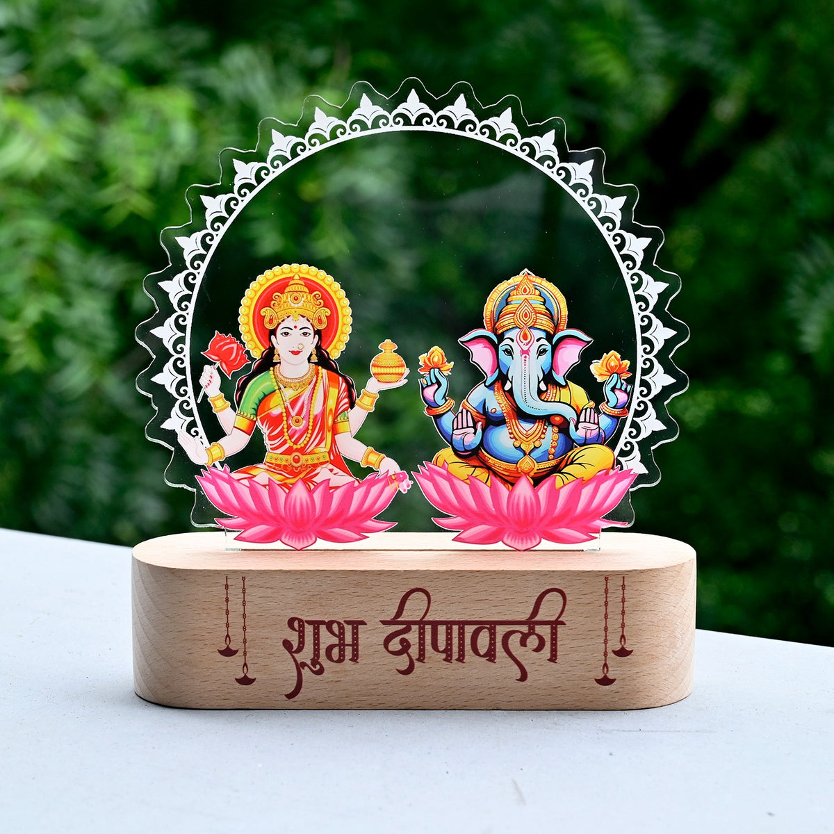 Laxmi Ganesh Acrylic Rechargeable LED Lamp with Wooden Base | Diwali Gifting