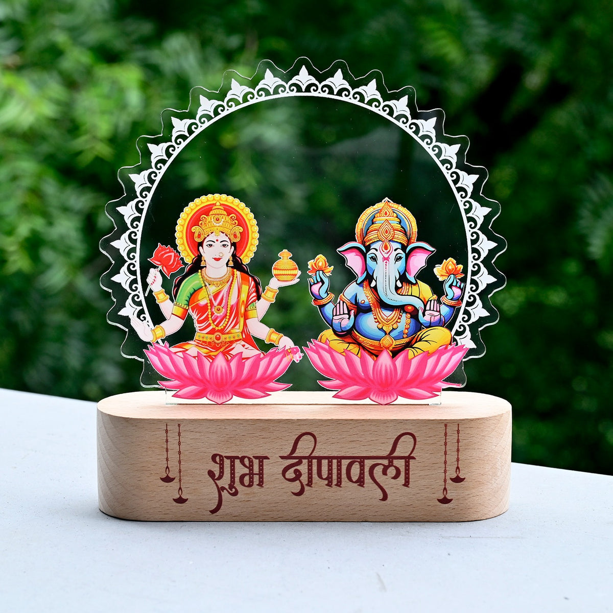 ED130 - Laxmi Ganesh Acrylic Rechargeable LED Lamp with Wooden Base | Diwali Gifting