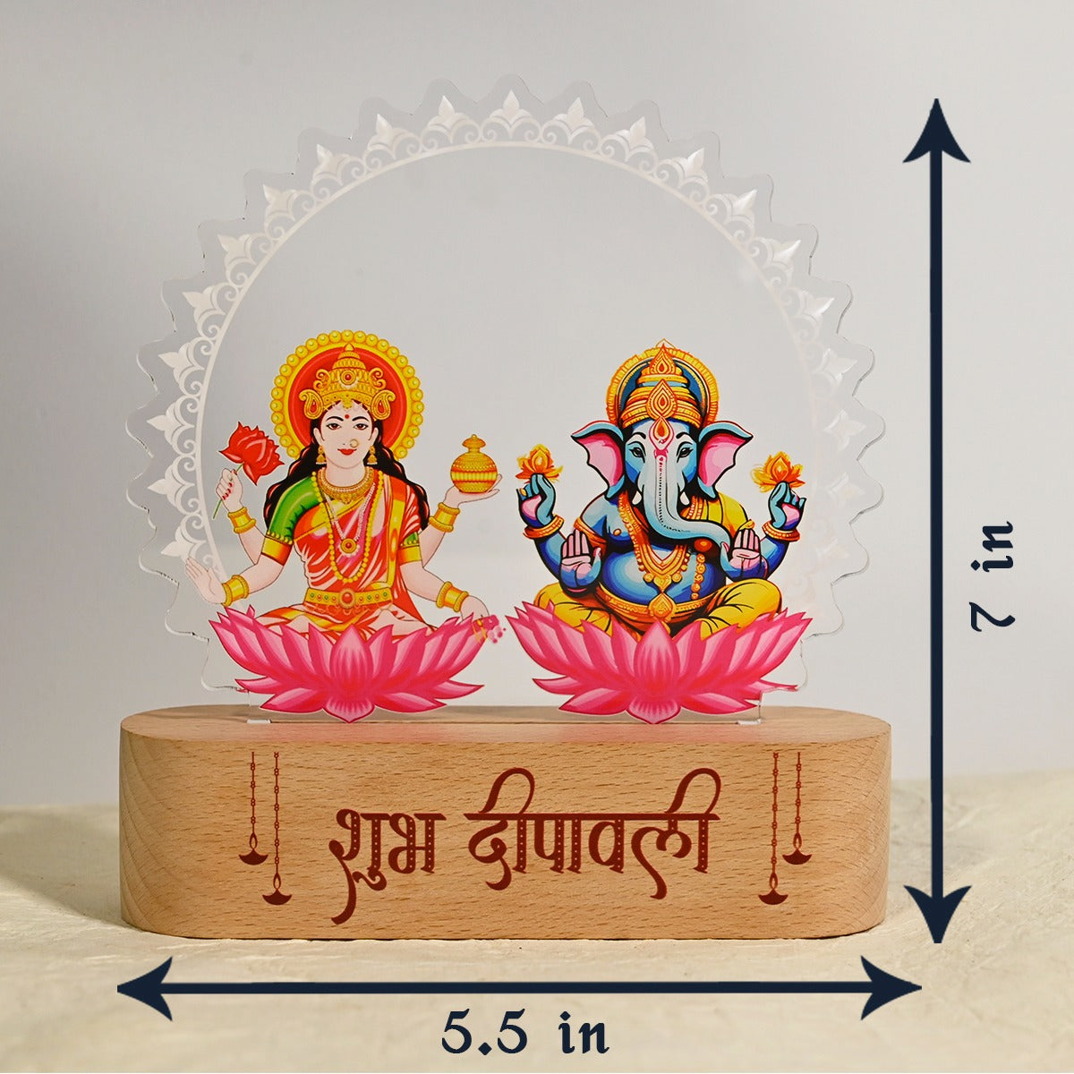 ED130 - Laxmi Ganesh Acrylic Rechargeable LED Lamp with Wooden Base | Diwali Gifting - Image 7