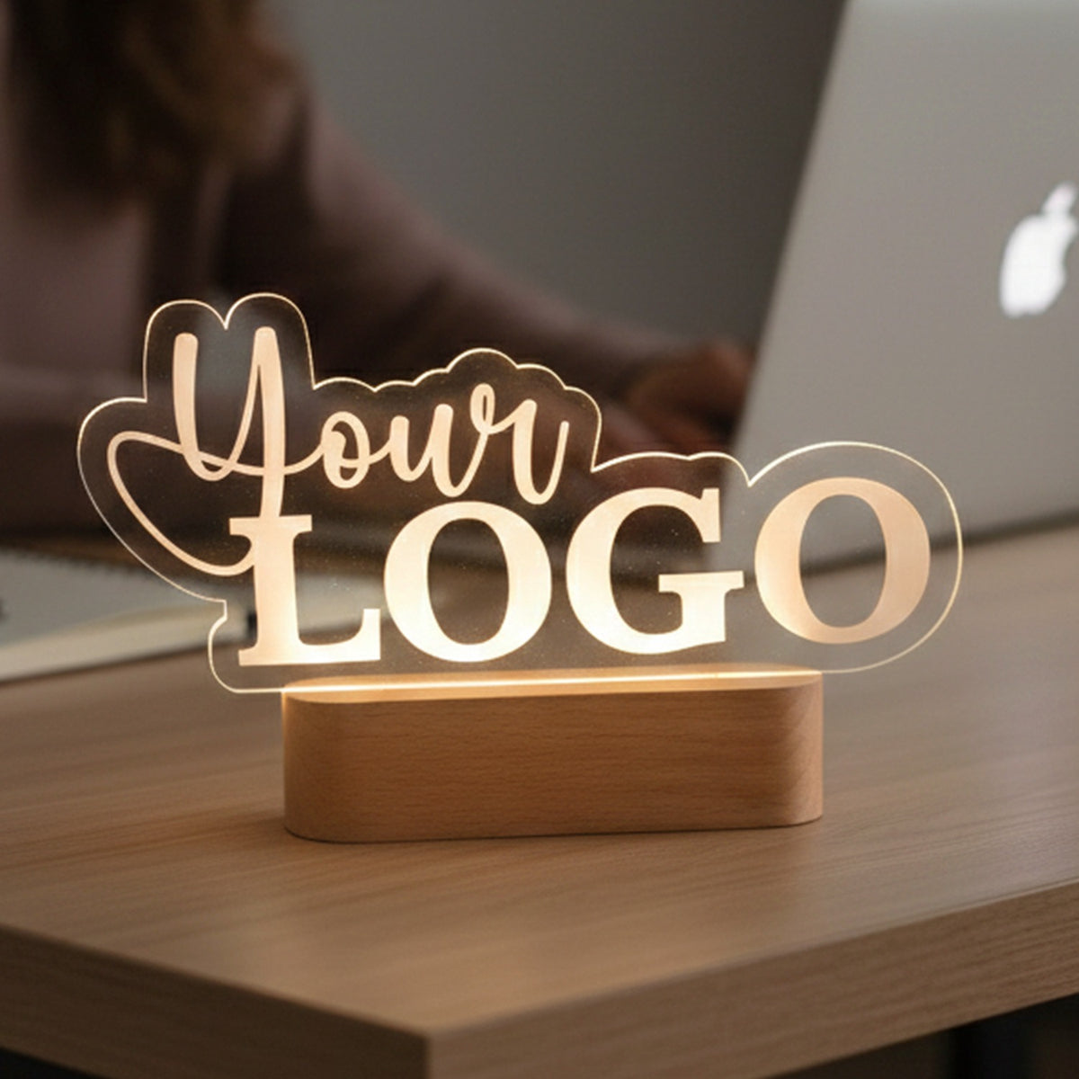 BSTM81 - Personalised Illuminated Company Logo Stand With Wooden Base