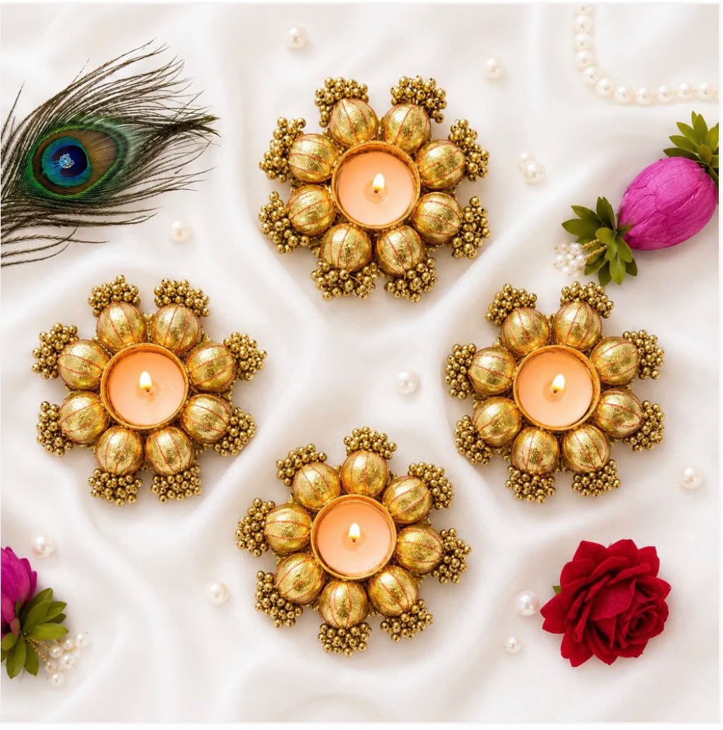 CD676- Golden Flower T-Light Candle Holder