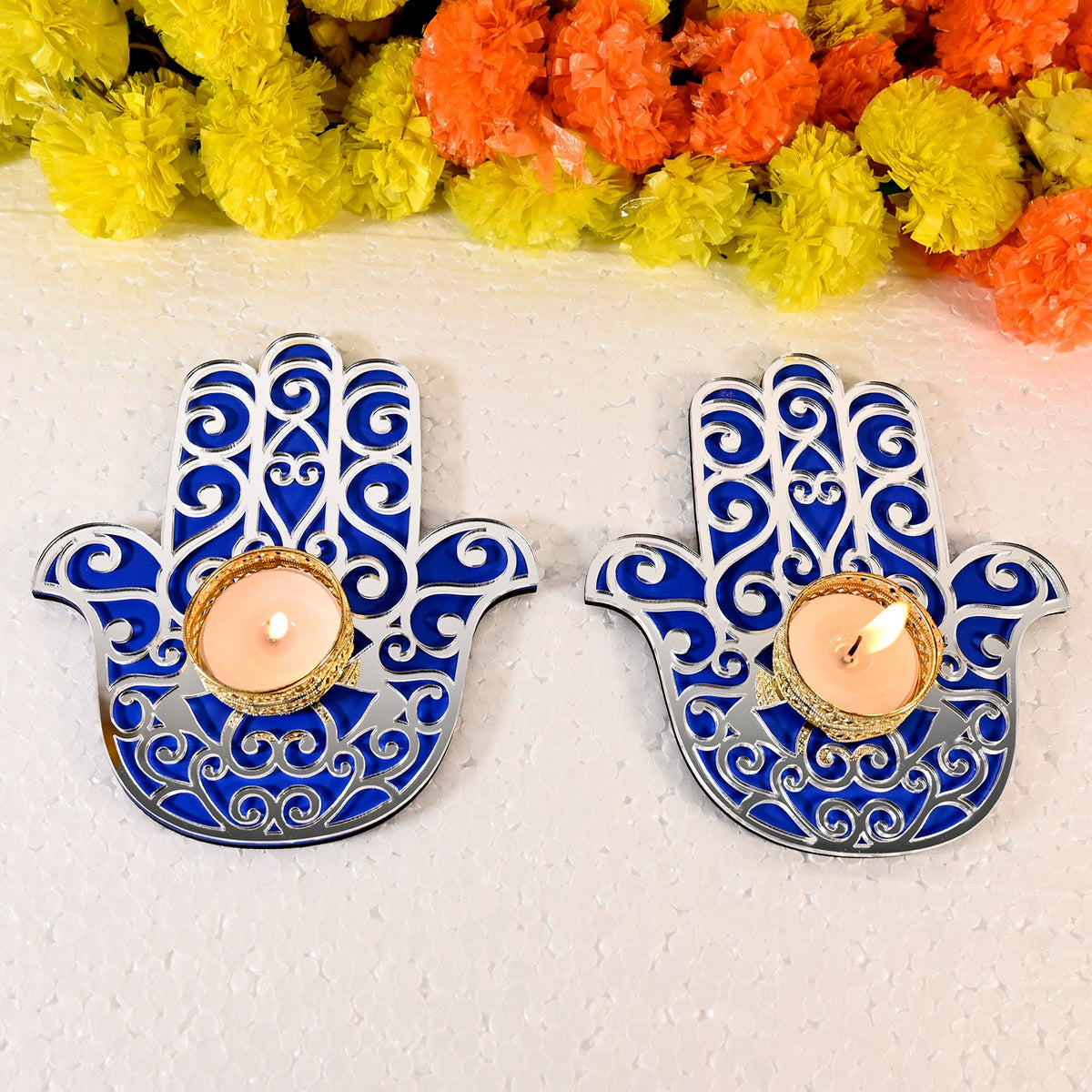 OE123 - Hamsa Hand Wooden with T-lights Set of 2 | Diwali Gifting - Image 2