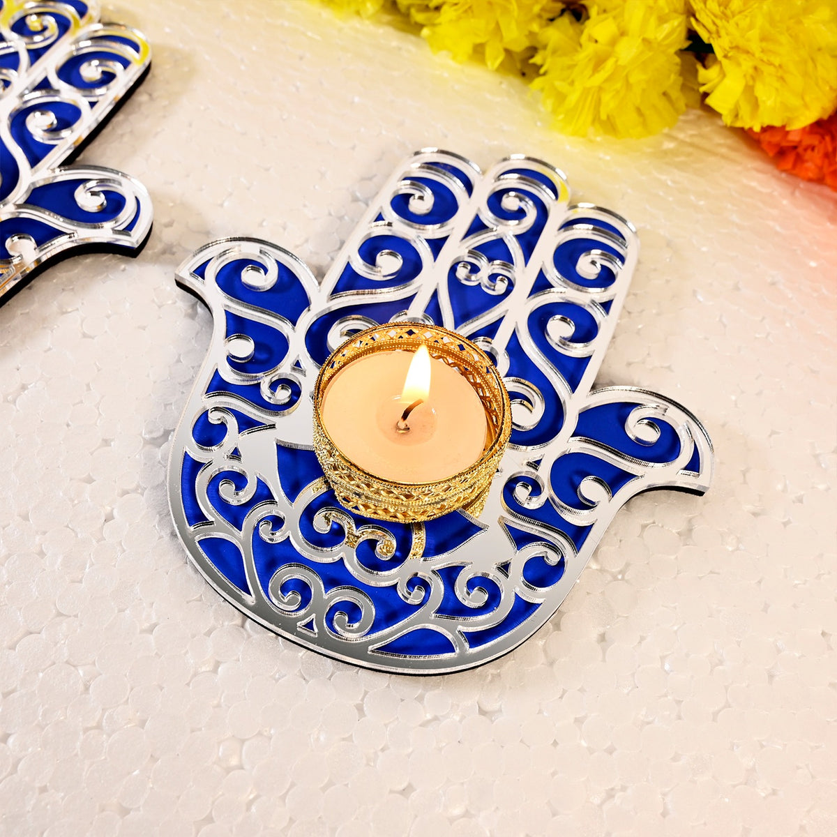 OE123 - Hamsa Hand Wooden with T-lights Set of 2 | Diwali Gifting - Image 4