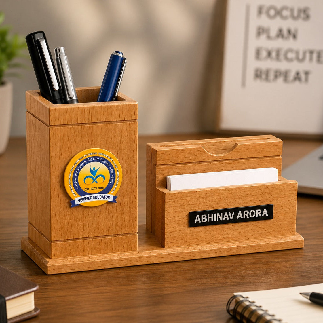 OE131 - Personalised Wooden Desk Organiser with Phone Stand & Card Holder - Image 2