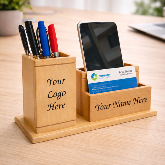 OE131 - Personalised Wooden Desk Organiser with Phone Stand & Card Holder