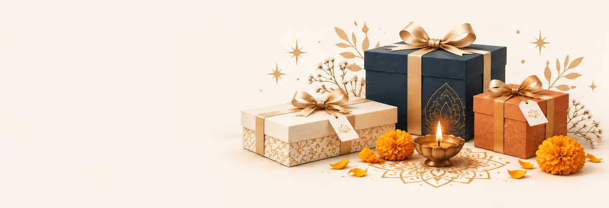 Diwali gift boxes, marigolds and diya