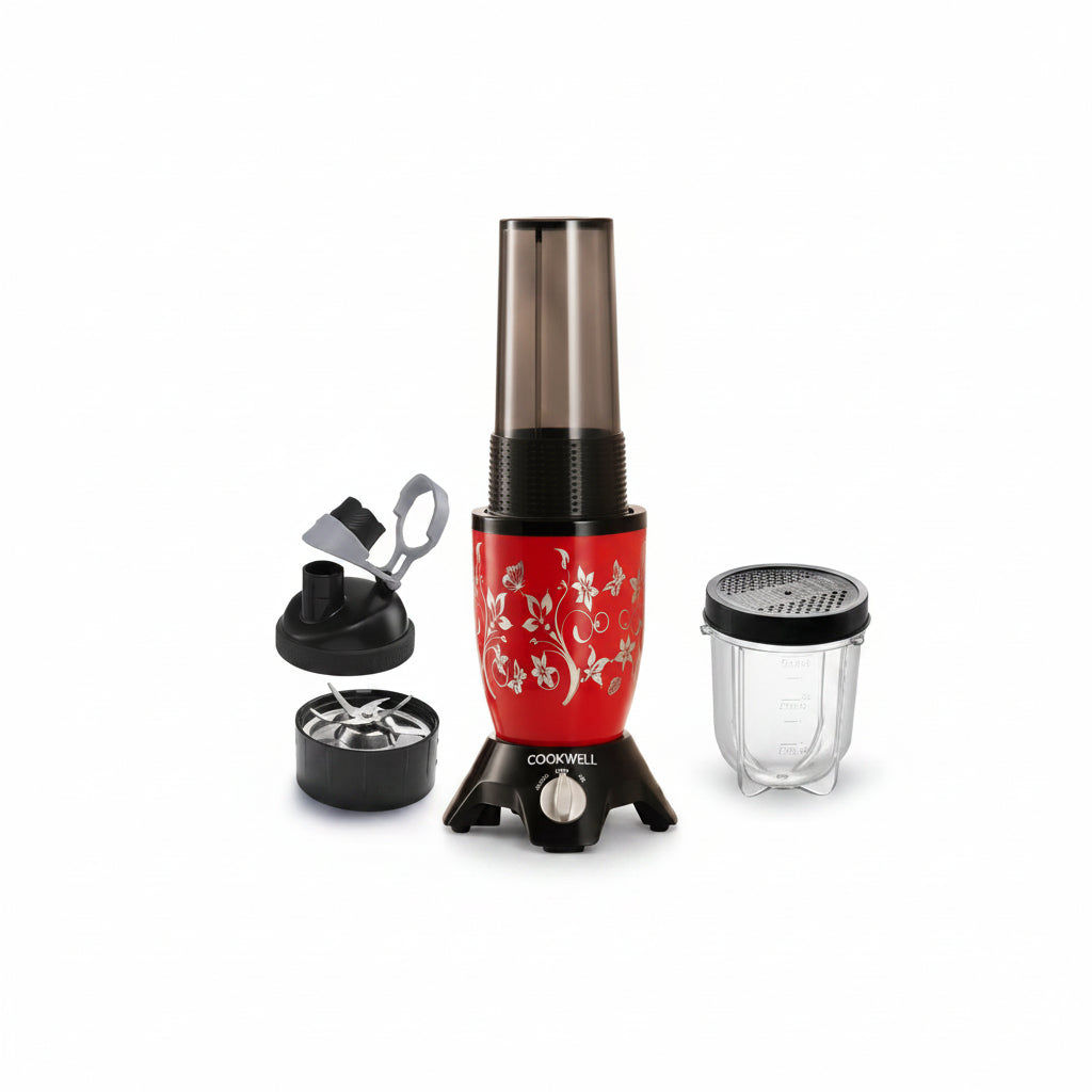 ED340 - Cookwell - Bullet Portable Mixer Grinder 600W - 2 Jars & 1 Blade - Red Flower