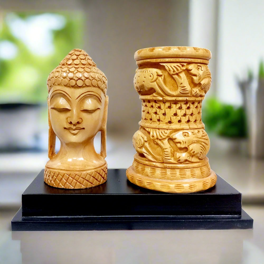 CD19- Beige Wooden Buddha Pen Holder