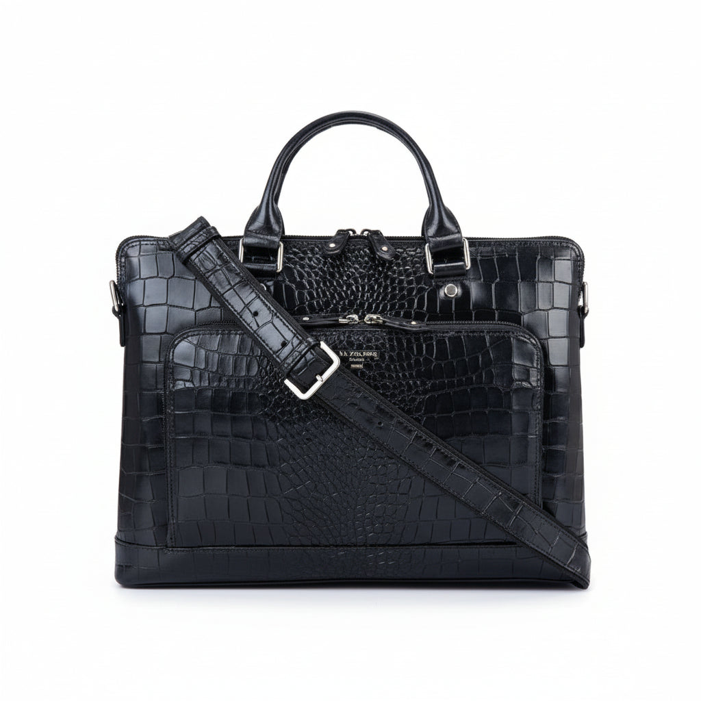 Da Milano Croco Print Leather Computer Sleeve - BLACK