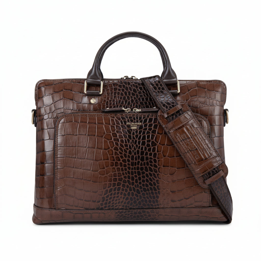Da Milano Croco Print Leather Computer Sleeve - BROWN