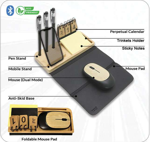 OE27- FUZO EcoBundle Bamboo Desk Set | Mouse, Mouse Pad, Calendar & Utility Stands