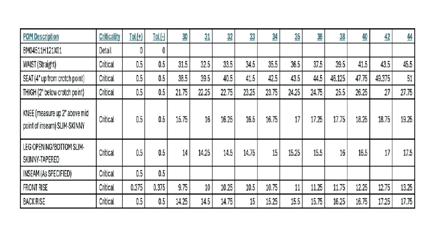 BS140 - Levis 511 Slim Fit Men's Jeans size chart