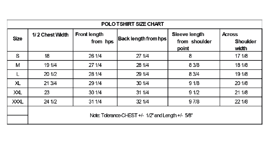 BS133 - Levis Polyester Polo T-Shirt size chart