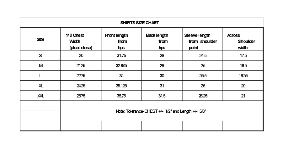BS139 - Levis BCI Cotton Denim Shirt size chart
