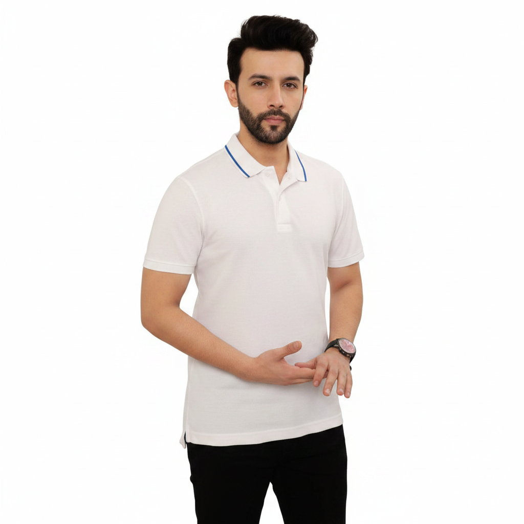 BS130 - Levis Contrast Tipping BCI Cotton Polo T-Shirt - White with Blue Tipping