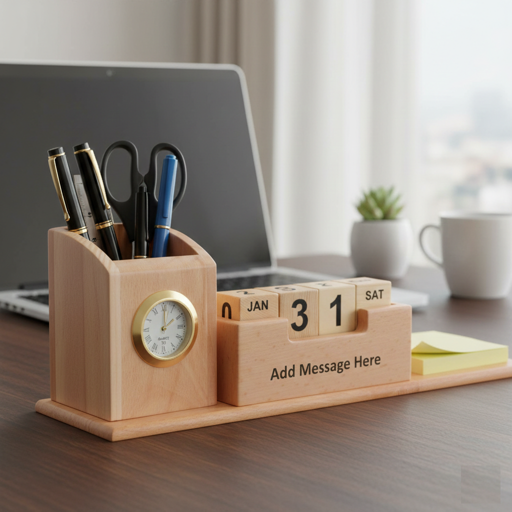 OE130 - Personalised Wooden Desk Organiser with Clock & Perpetual Calendar - Image 3